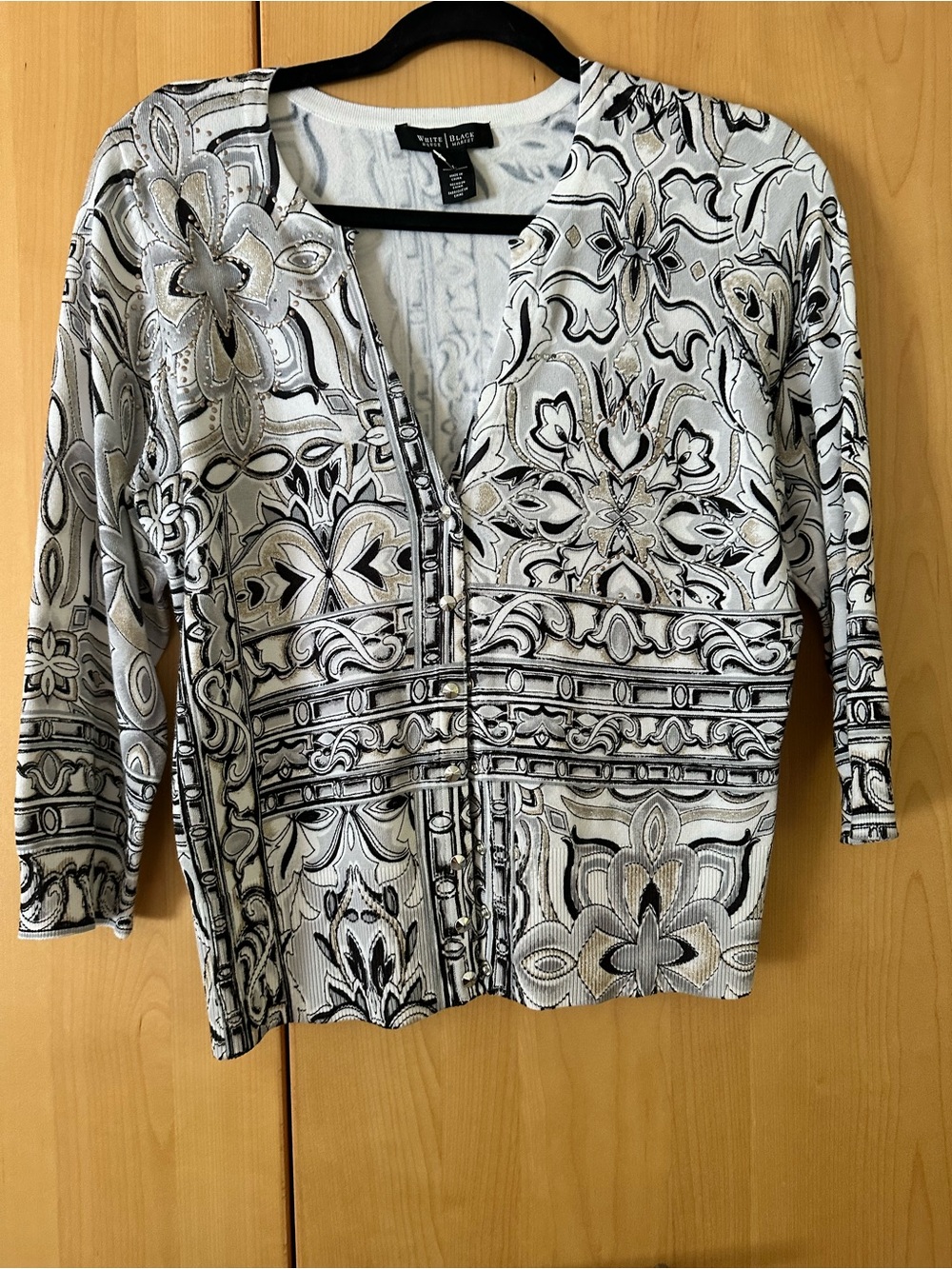 White House Black Market Black, White & Cream Patterned Button-Down Top